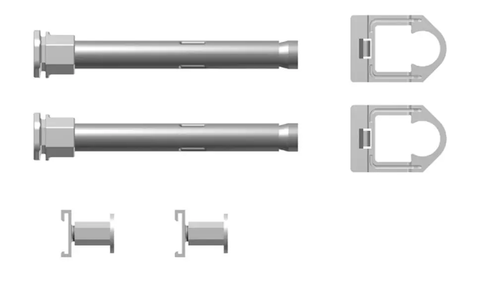 Produktbild von "Kermi Bohrkonsolen-Set, d:18mm, L=95mm, ZB02760001" mit zwei Bohrkonen, zwei Halterungen mit kreisförmiger Aussparung und zwei kleinen H-förmigen Halterungen.